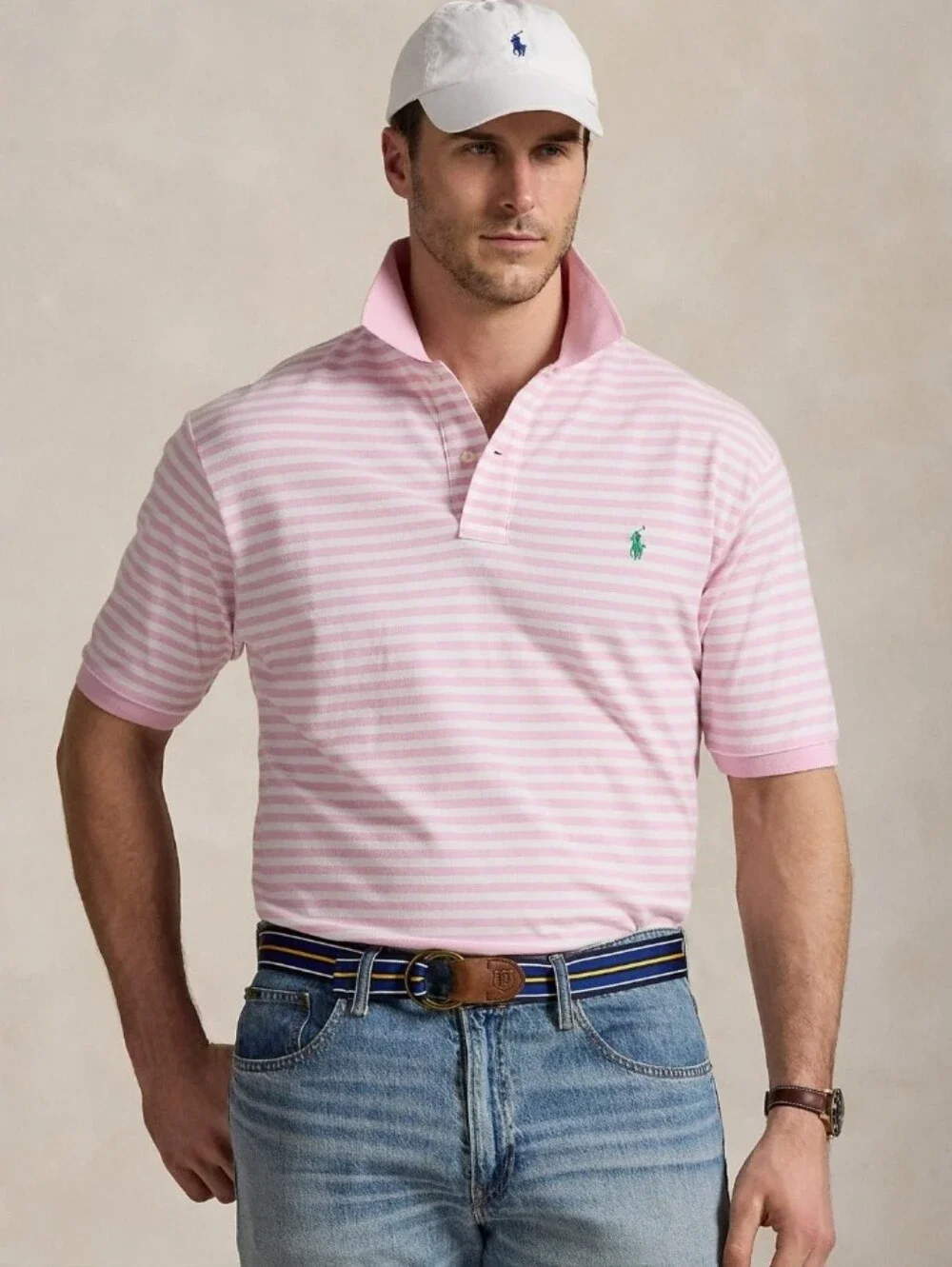 Polo Ralph Lauren Polo PInk White Striped WIth Green LOGO. NWT. Size XLT MEN'S